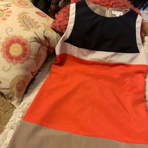 Multicolored sleeveless dress with zipper back.